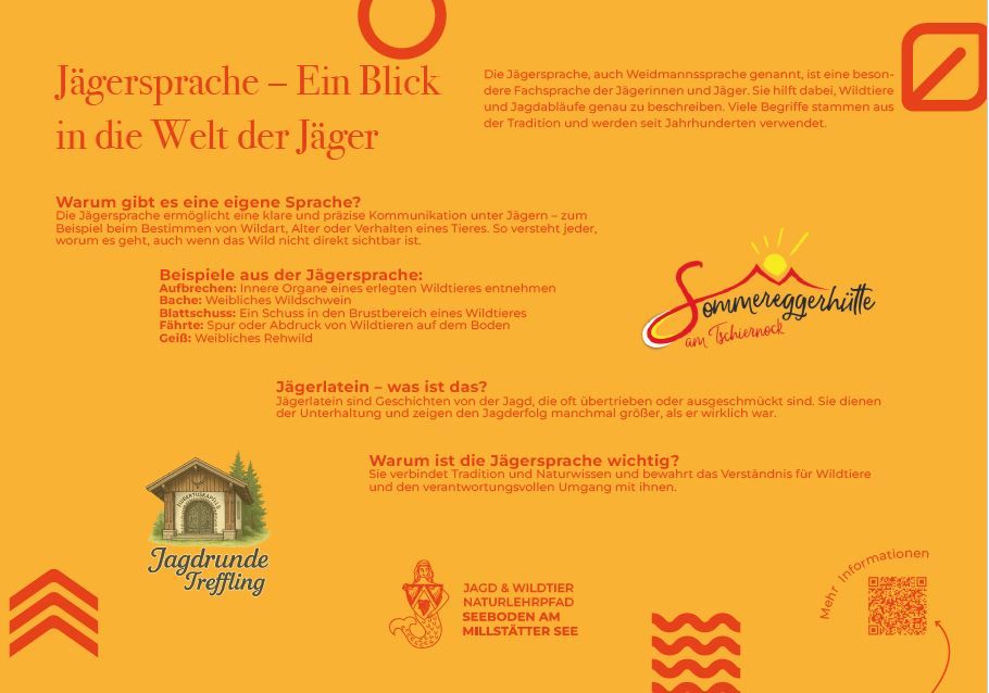 Sie sehen die Tafel mit allen Informationenzur Jägersprache. Der QR- Sode führt auf diese Seite um alle Informationen zu erhalten. 
