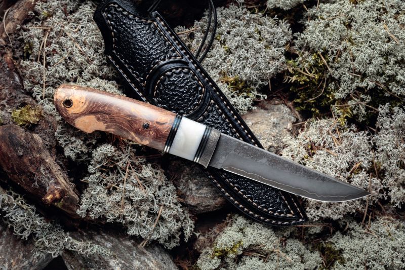Sie sehen eine Bild mit einem Jagdmesser Foto: © igorr1 – Stock photo ID:1220304134 URL: https://www.istockphoto.com/photo/hunter-combat-hand-made-knife-with-case-on-a-moss-in-forest-gm1220304134-357264806?clarity=false