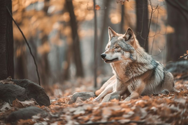 Sie sehen ein Bild mit einem Wolf - Wolf sitzt im Wald - Foto: © Flavio Treppner - Stock photo ID:1474197369