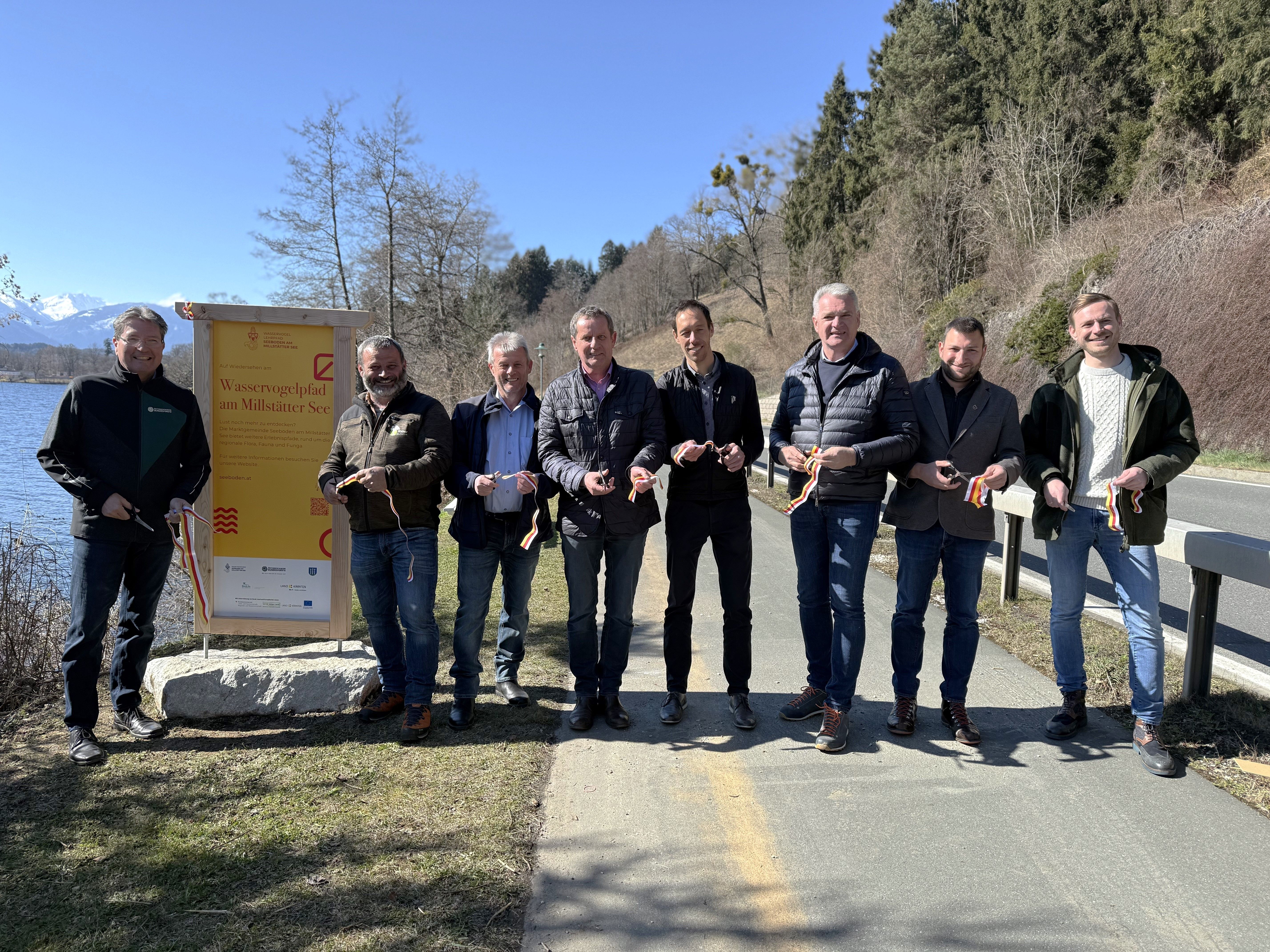 Herbert Neubauer (ÖBf Immobilienabteilung), Bernhard Huber (BirdLife), Horst Zwischenberger (Gemeindevorstand), Thomas Schäfauer (Bürgermeister Seeboden), Markus Lerch (Bezirkshauptmann von Spittal), Alexander Thoma (Bürgermeister Millstatt), Thomas Grasser (1. Vizebürgermeister Seeboden) Ing. Roman Siller (ÖBf Jagd und Fischerei FB Kärnten & Lungau)