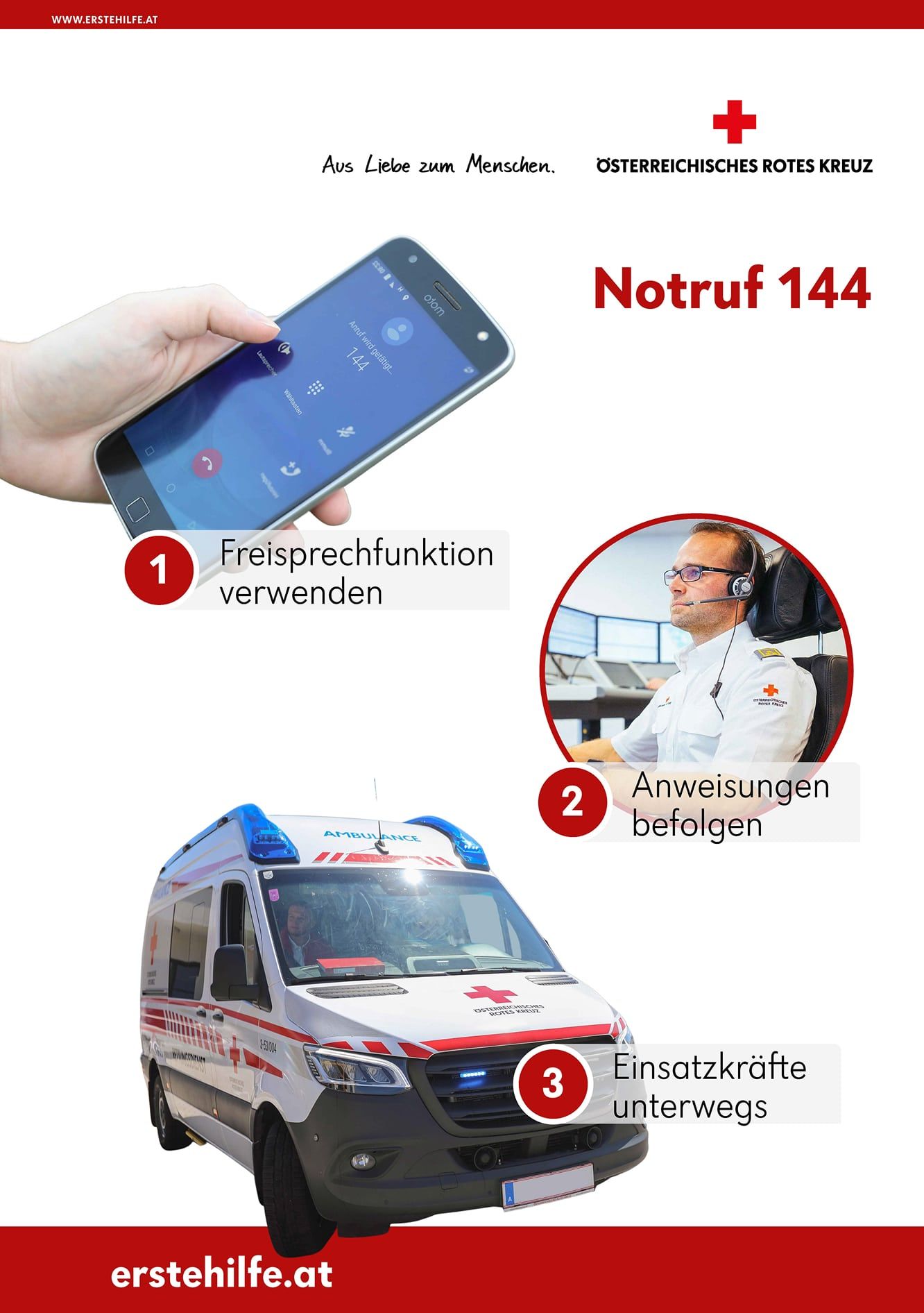 Notruf 144: 1. Freisprechfunktion verwenden beim Handy, 2. Anweisungen der Person am Telefon verfolgen, 3. die Einsatkräfte sollten unterwegs sein. 